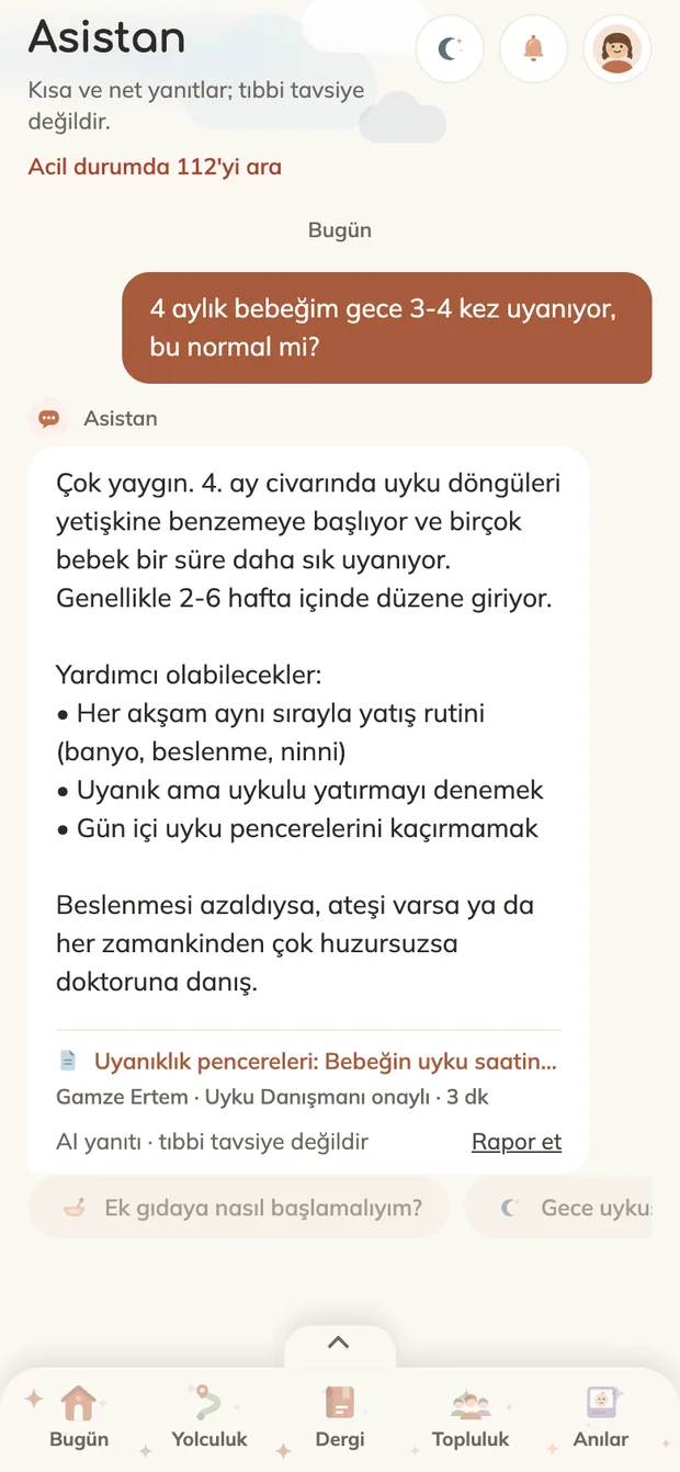 Asistan ekranı: 4 aylık bebeğin gece uyanmaları hakkında kısa ve net yanıt