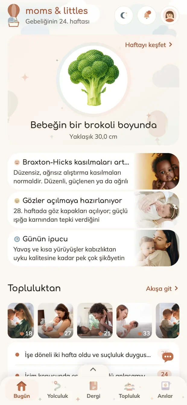 Bugün ekranı: 24. haftada bebek bir brokoli boyunda, günün kartları ve topluluktan paylaşımlar