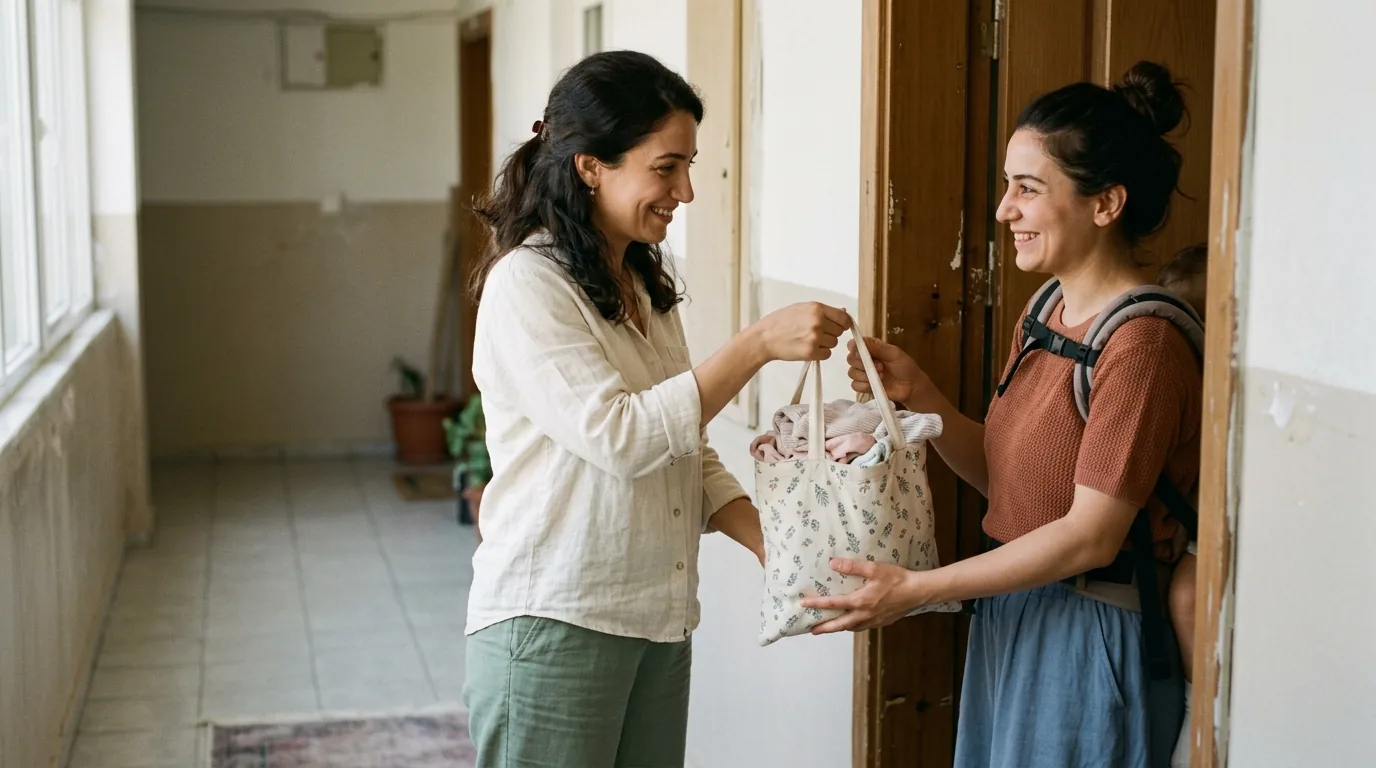 Kapı önünde bebek kıyafeti dolu çantayı komşusuna uzatan anne